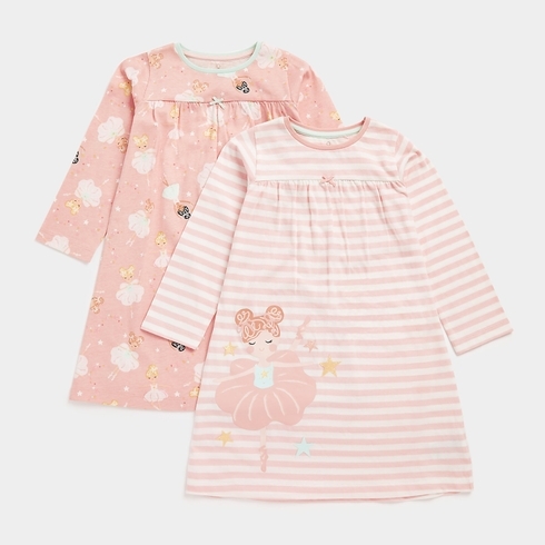 Mothercare Girls Full Sleeves Nightdress-Pack of 2-Pink