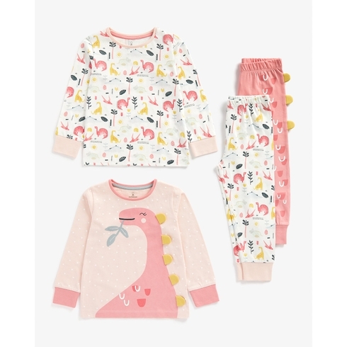 Girls Full Sleeves Pyjamas Dino Print and 3D-Pack of 2-Multicolor
