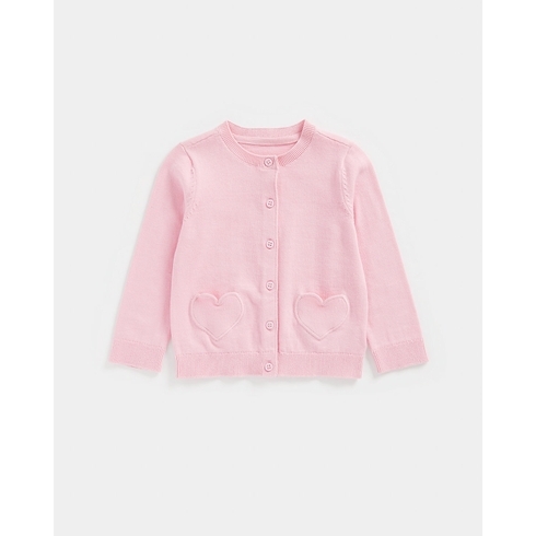 Girls Full Sleeves Cardigan Heart Shaped Pockets-Pink