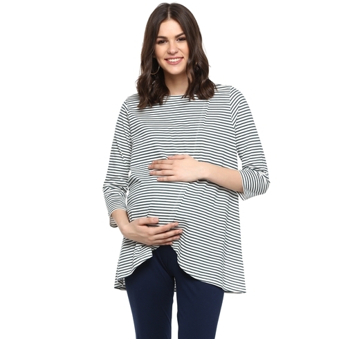 Momsoon women maternity three-fourth sleeves top-Striped White