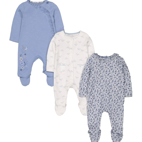Girls Full Sleeves Sleepsuit Floral Print And Embroidered - Pack Of 3 - Blue White