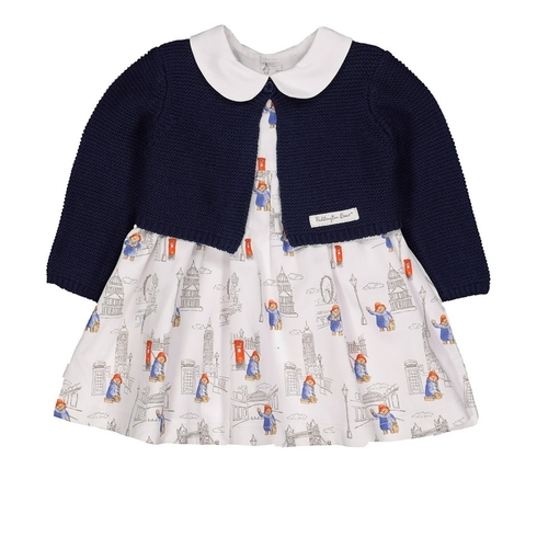 Girls Full Sleeves Paddington Print Dress And Cardigan - Multicolor