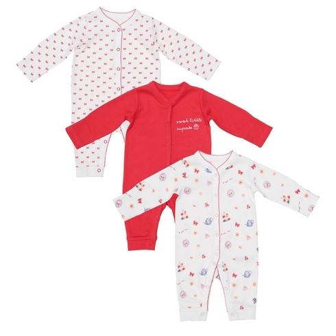 Girls Full Sleeves Tea Party Print Sleepsuit - Pack Of 3 - Multicolor