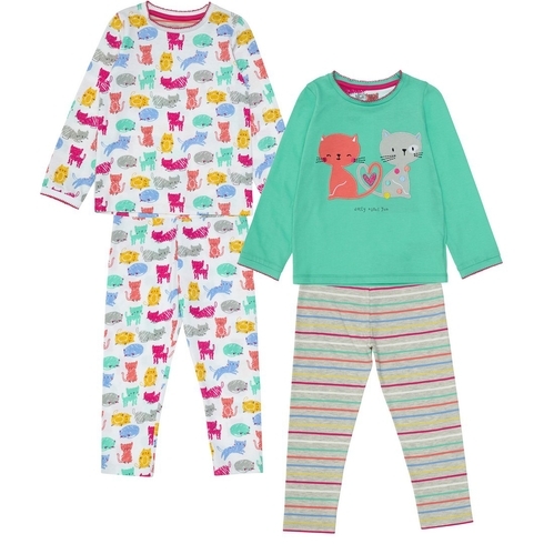 Girls Full Sleeves Pyjamas Cat Print With Stripe - Pack Of 2 - Multicolor