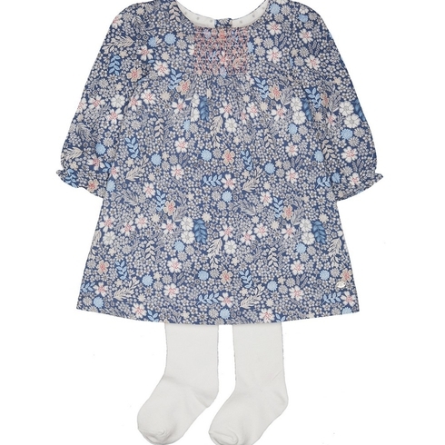 Girls Full Sleeves Dress & Tight Set A -Line Floral Print - Navy