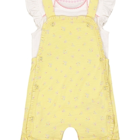 Yellow Floral Bibshorts And White Bodysuit Set