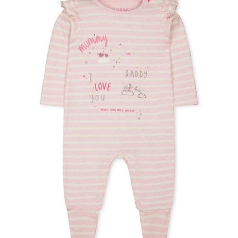 Girls Full Sleeves Sleepsuit Stripe And Glitter Text Print - Pink
