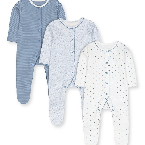 Girls Full Sleeves Sleepsuit Floral And Heart Print - Pack Of 3 - Blue White
