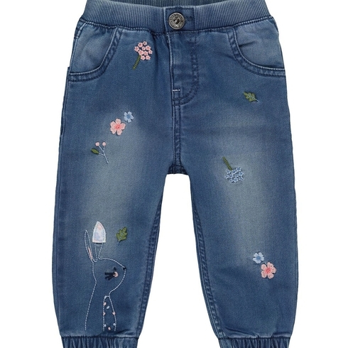 Blue Flower And Bunny Embroidered Cuffed Jeans
