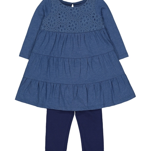 Blue Broderie Tiered Dress And Navy Leggings Set
