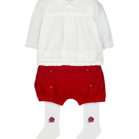 White Polka Dot Blouse, Red Shorts And Tights Set