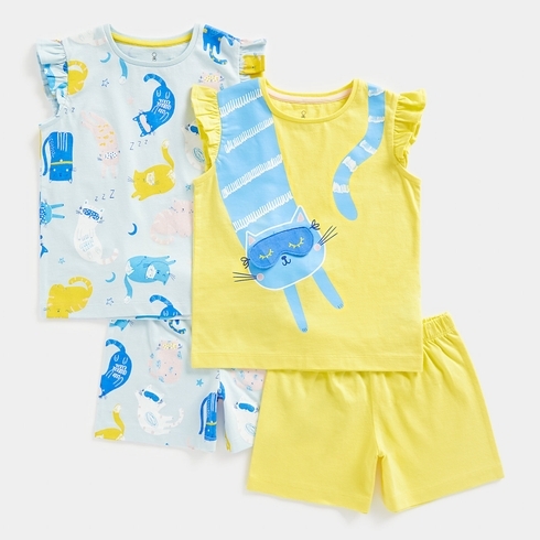 Mothercare Girls Half Sleeve Sleepy cat design Pyjama-Pack of 2-Multicolor