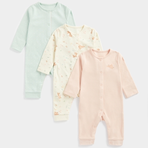 Mothercare Girls Full Sleeves Bunnie design All In One-Pack of 3-Multicolor