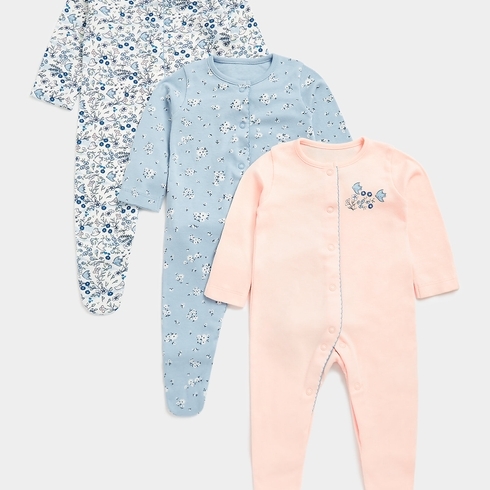 Mothercare Girls Full Sleeves Bluebird Print All In One-Pack of 3-Multicolor