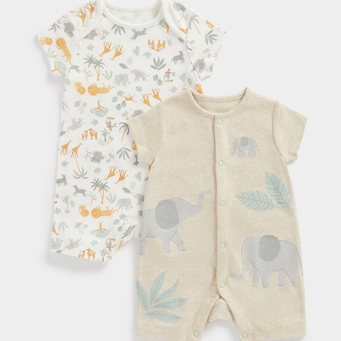 Mothercare Unisex Half Sleeve Little zoo print Romper-Pack of 2-Multicolor