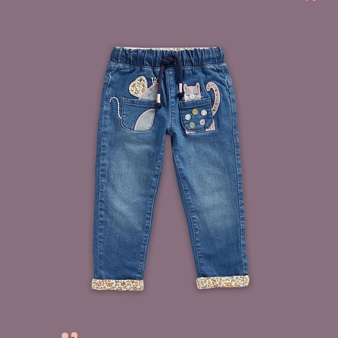 Girls Jeans Cat Design-Pack of 1-Denim