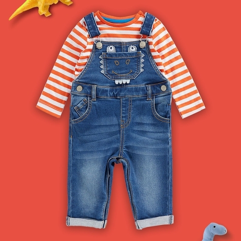 Boys Full Sleeves Dungaree & T-Shirt Set Dino Design-Pack of 1-Multicolor