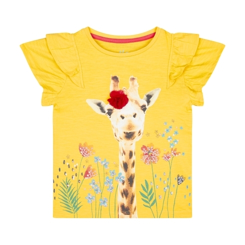 Girls Half Sleeves Giraffe Print T-Shirt - Yellow