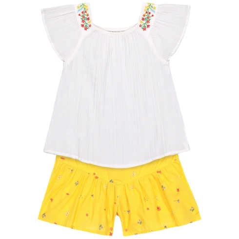 Girls Half Sleeves Embroidered Tops And Shorts Set - White Yellow