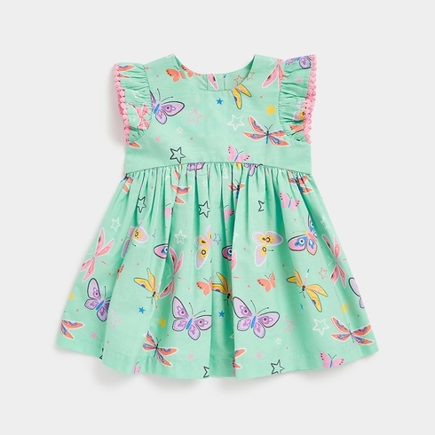 Mothercare Girls Half Sleeves Butterfly Print Casual Dress -Blue