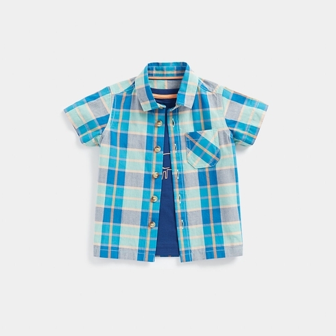 Mothercare Boys Half Sleeves Checked Print Shirt with T-Shirt -Blue