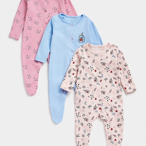 Mothercare Unisex Full Sleeves Romper-Pack of 3-Multicolor