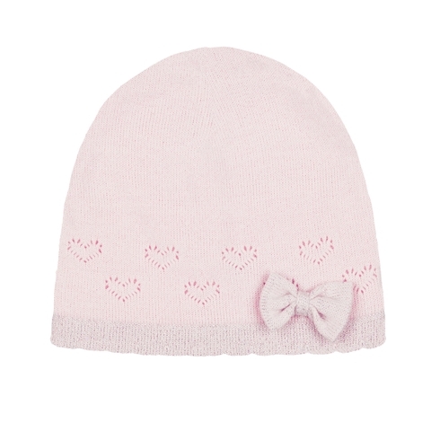 Girls Bow Pointelle Beanie Hat - Pink