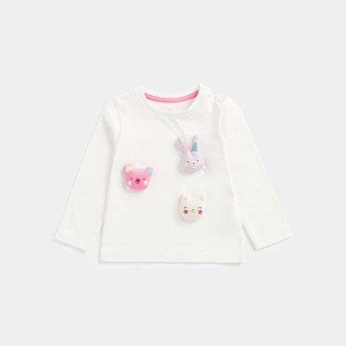 Mothercare Candy Kitty Girls Full Sleeves Round Neck Tee -Cream