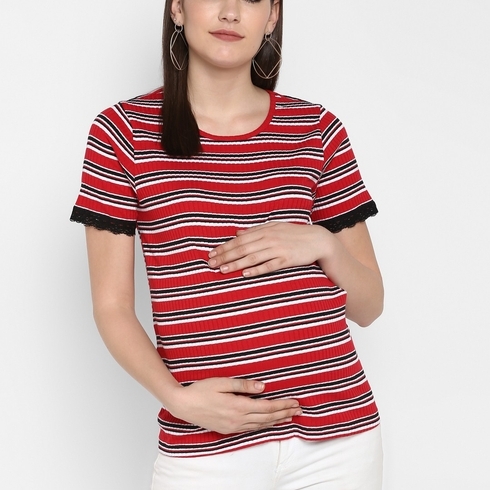 Momsoon women maternity half sleeve top-Striped Red