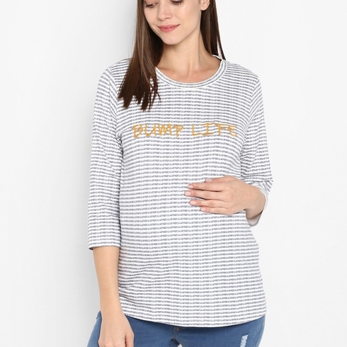 Momsoon women maternity three-fourth sleeves top-Printed White