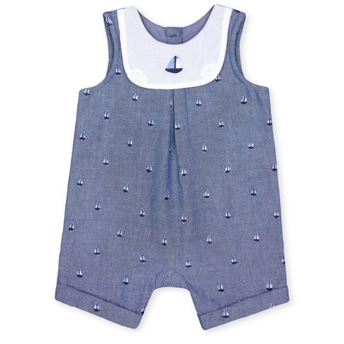 Boys Sleeveless Romper Boat Embroidery - Blue