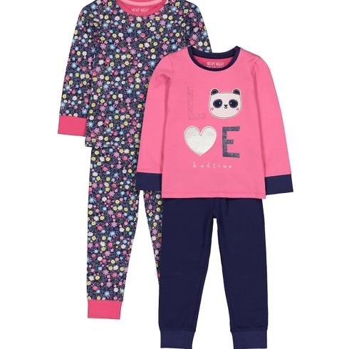 Girls Full Sleeves Pyjamas Floral And Panda Print - Pack Of 2 - Multicolor