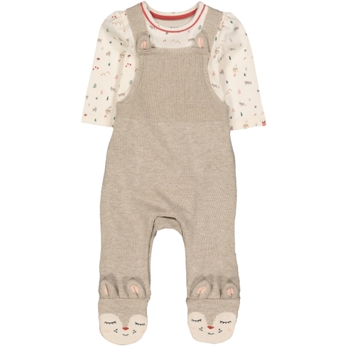 Girls Full Sleeves Novelty Deer Dungaree And Bodysuit Set - Beige