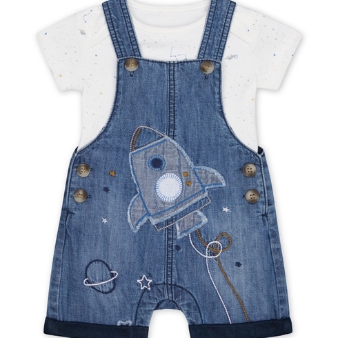 Denim Rocket Bibshorts And White Space Dinosaur Bodysuit Set