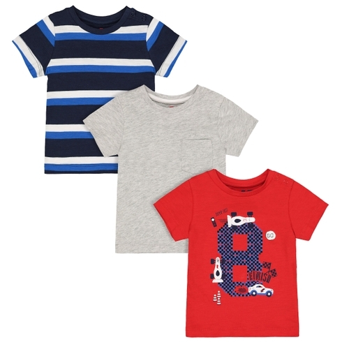 Boys Half Sleeves T-Shirt Car Print & Stripe - Pack Of 3 - Grey Navy Red