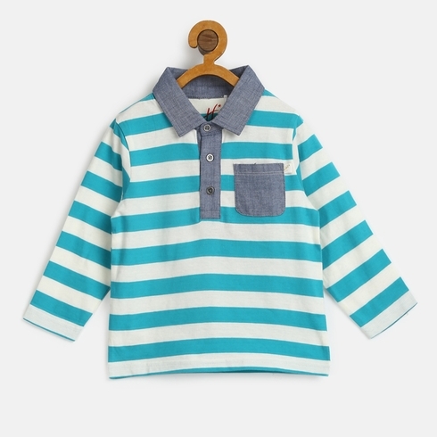 H by Hamleys Boys Full Sleeve Polo T Shirt Classic Striped-Green Multi