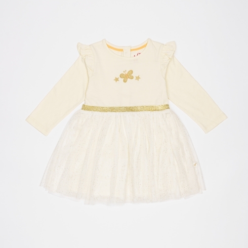 H by Hamleys Girls Full Sleeve Dress Butterfly Design-Oatmeal