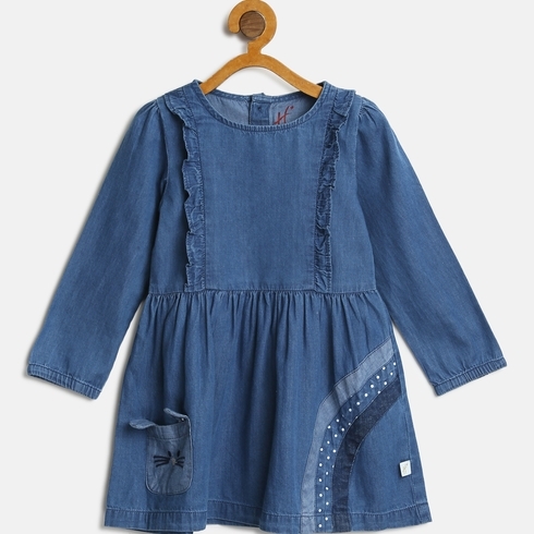 H by Hamleys Girls Full Sleeve Dress Bunny Design Denim-Blue