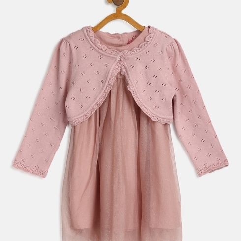 H by Hamleys Girls Full Sleeve Party Dress With Cardigan -Pink