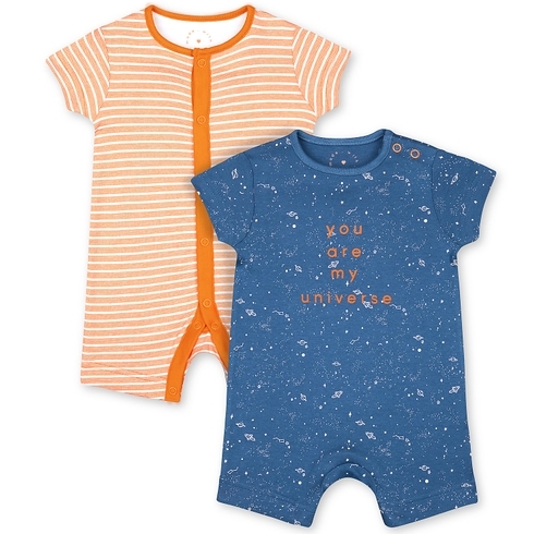 Boys Half Sleeves Romper Striped And Space Print - Pack Of 2 - Navy Orange