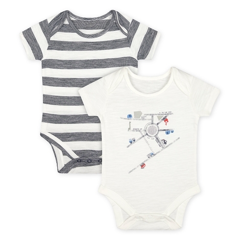Boys Half Sleeves Bodysuit Striped And Printed - Pack Of 2 - White