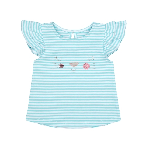 Girls Half Sleeves T-Shirt Cat Embroidery - Blue