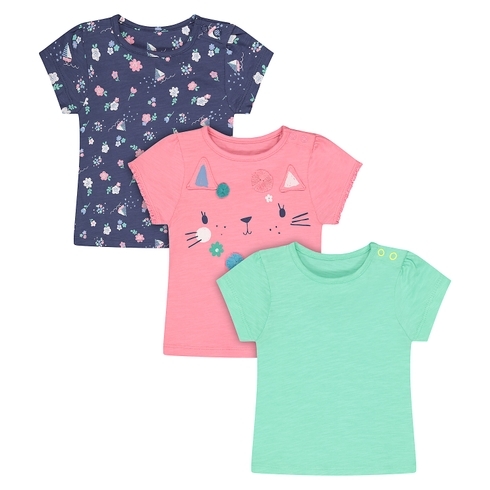 Girls Half Sleeves T-Shirt Cat Patchwork - Pack Of 3 - Multicolor
