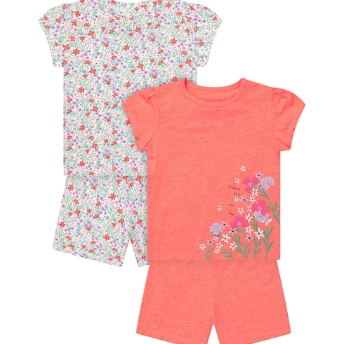 Girls Half Sleeves Shortie Pyjama Set Floral Print - Pack Of 2 - Orange White
