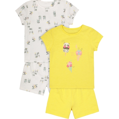 Girls Half Sleeves Shortie Pyjama Set Pom Pom Detail - Pack Of 2 - Yellow Cream
