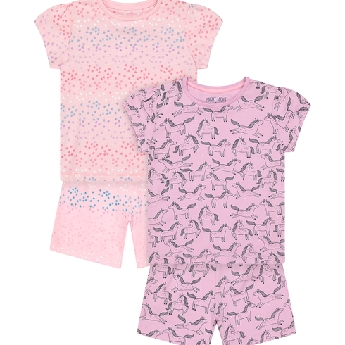 Girls Half Sleeves Shortie Pyjama Set Star And Unicorn Print - Pack Of 2 - Pink