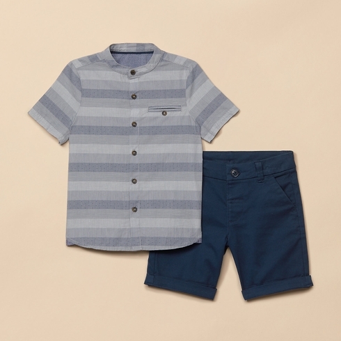 Boys Half Sleeves Shirt And Shorts Set Striped - Navy