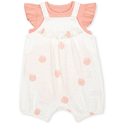 Girls Half Sleeves Dungaree Set Polka Dot Print - White Pink
