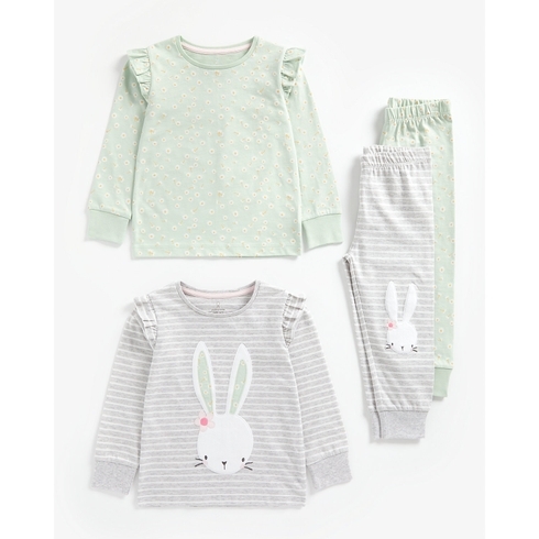 Girls Full Sleeves Pyjama Set Bunny Patchwork - Pack Of 2 - Multicolor