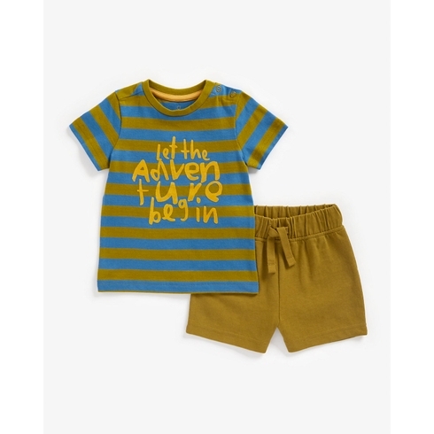 Boys Half Sleeves Shorts T-Shirt Set Striped Slogan Print-Multicolor